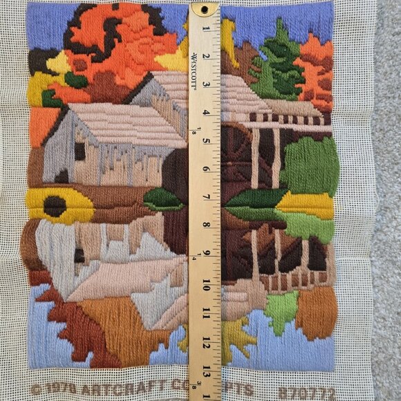 VTG 1978 Finished Needlepoint Artwork Country Mill Water Reflection 11" x 13" - Picture 3 of 7
